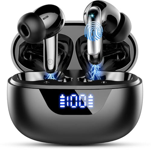 Wireless Earbuds, Bluetooth 5.3 Headphones with 4 ENC Noise Cancelling Mic, Mini Wireless Headphones in Ear Deep Bass, wireless Earphones 48H Playtime LED Display, Ear buds IP7 Waterpoof, USB-C, Black