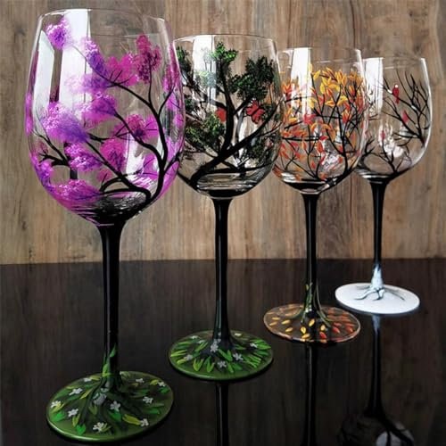 Juego de copas de vino pintadas a mano con diseño de árbol de las cuatro estaciones, cristalería artística colorida para primavera, verano, invierno y otoño, regalo único de inauguración de la casa,