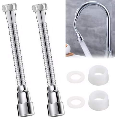 2 Stück 360° Flexibler Wasserhahn Verlängerung Strahlregler Wasserhahn, mit 2 Auslaufsicheren Dichtungen und 2 Ersatz-Adaptergewinden, Verlängerung für Wasserhahn für Küchen, Bädern, Toilette (14cm)