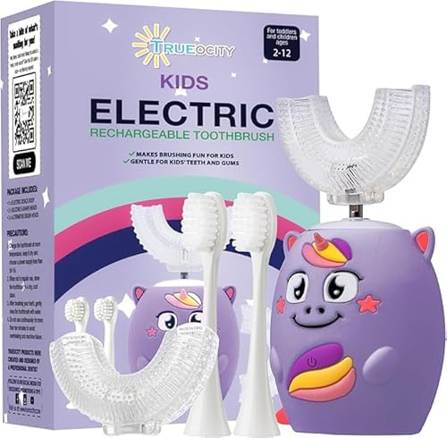 Trueocity Spazzolino da denti elettrico a forma di U per bambini, automatico, ricaricabile, per bambini (unicorno viola)