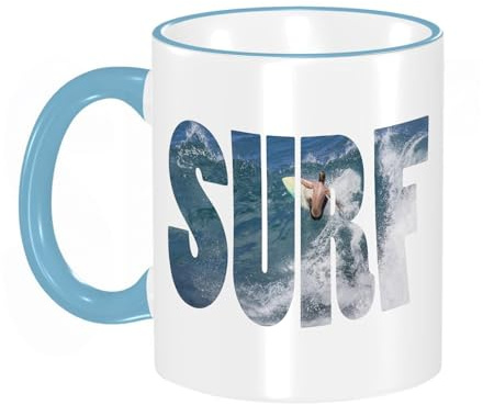 YOIUE Tazze Originali di caffè e Colazione Tazze - stampata Ceramica 11 once di tazze 330 ml Decora la tua tazza regalo,Parola SURF cavalcando un'onda gigante dell'oceano alle Hawaii