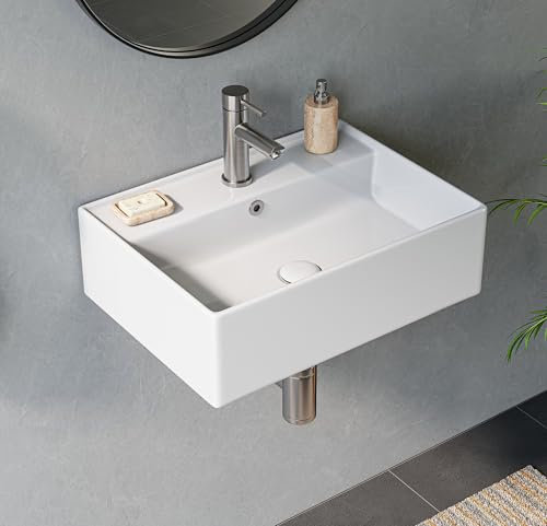 HOROW lavandino bagno bianco da parete rettangolare lavabo per ospiti, sospeso o appoggio, con foro per rubinetto 45 x 31 cm, senza rubinetto