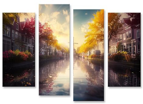 islandburner Bild auf Leinwand Herbstsonne über dem Kanal und der Windmühle für Wohnzimmer Naturliebhaber Restaurant Bilder Wandbilder Poster