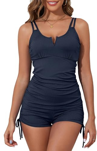 Bsubseach Dam tankini set baddräkt med magkontroll överdel badshort S-2XL, Marinblå, M