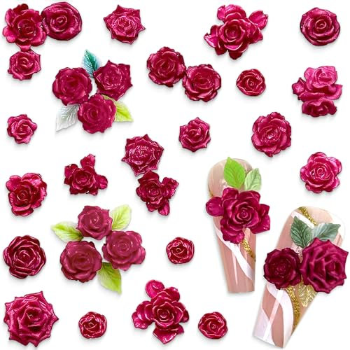 3D Rose Leuchtende Kamelien Nail Charms - Rote Blumen und Blätter Nageldesign Zubehör - 50 Stück Blumen, 50 Stück Blätter