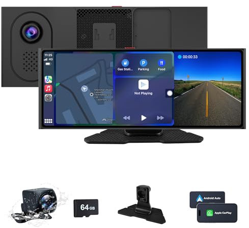10.26 Car Play sans Fil, Portable Ecran Car Play Voiture, Enregistreur Frontal 4K & Caméra de Recul 1080P, Autoradio with BT/FM/AUX/Mirror Link, Voice Control/Carte 64 G TF
