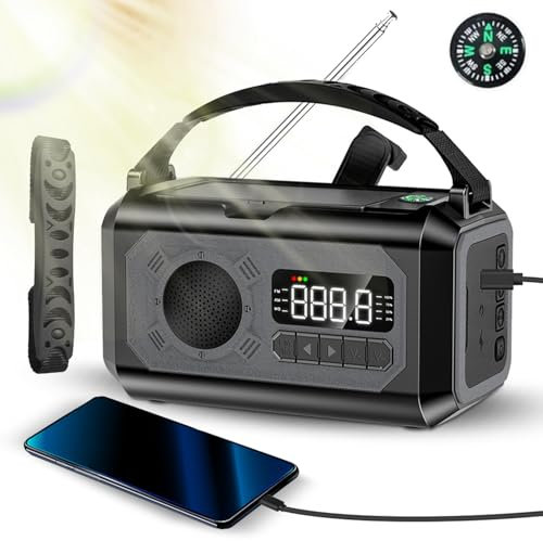 Notfall Kurbelradio, 12000mAh Batterie, NOAA Wetteralarm, Solar-Handkurbel, USB Ladegerät, Taschenlampe & SOS, Tragbares AM/FM/WB Radio für Zuhause, Camping und Outdoor (Schwarz)