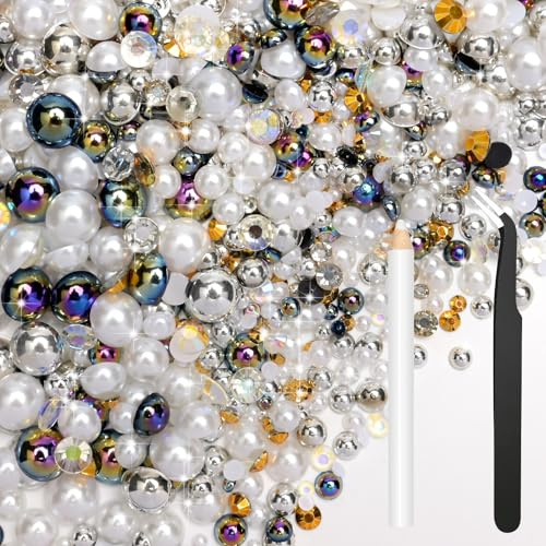 Bouiexye Mezcla de perlas planas de 80 g, diamantes de imitación blancos y negros para ropa, perlas semicirculares, gemas de diamantes de imitación para manualidades, rostro, uñas, botellas, vasos