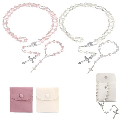 EULAPGOE Rosenkranz Set Handgemacht 2 Halsketten 2 Armbänder Pink Weiß 50cm 16cm Gebetskette mit Kreuz Schmuck für Kommunion Taufe Hochzeit Geschenk