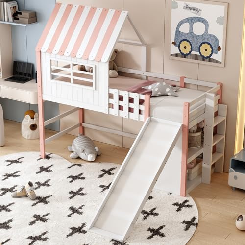 Luxeza Cama infantil de 90 x 200 cm, diseño de ático con escalera de seguridad y tobogán de seguridad, compartimentos de almacenamiento de varios niveles, cama multifunción de madera maciza, cama