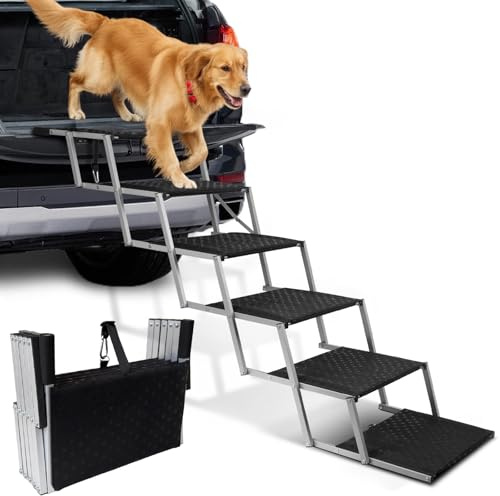 Hundetreppe Auto Klappbar- Hundetreppen Große Hunde [bis 113kg] - Gelenkschonende Einstiegshilfe Hunde Auto SUV - Hundeleiter Faltbar mit Anti-rutsch Einsatz - 6 Stufen Extraweit Silbernes Eisenrohr