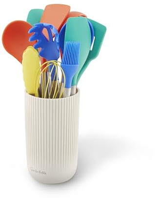 Sur La Table Colour Me Happy Collection 12pc Silicone Utensil Set with Stay Cool Handles, Ribbed Holder, Heat Resistant up to 260°C, Suitable for Non-Stick Pans, BPA Free, Assorted Colours, SLT832251