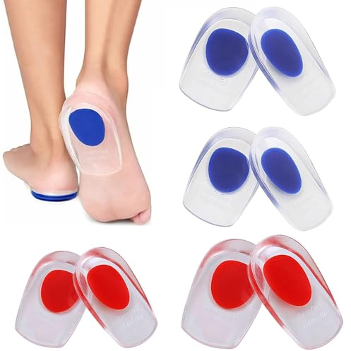 Gel Heel Pads, 4 Pairs Heel Cushion Pads, Gel Heel Cups for Plantar Fasciitis, Silicone Heel Cup Pads, Foot Comfort Support Protectors for Women Men (Blue Red, S/L)