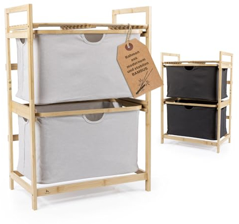 HENNEZ Badezimmerregal 2 Fächer | Bambusregal mit Ablage und 2 Körben | Badregal mit Schubladenboxen | Standregal – ideal als Kommode & Wäschesammler | Wäschesortierer mit Stoff Schubladen | Holzregal