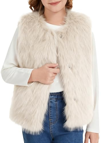 Flygo Girls Faux Fur Vest Kids Sleeveless Open Front Fluffy Jacket Warm Winter Fuzzy Waistcoat Outerwear with Pockets Beige 11/12Y