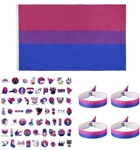 Drapeau Bisexuel 90x150 cm + 62 Autocollants Pride + 4 Bracelets,Drapeau Bisexuelle Œillet Laiton,LGBT Accessoires pour Pride Day,Fêtes de Festival,Défilés et Décorations