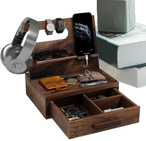 Organizer da comodino per comodino - Docking station per telefono in legno massello con cassetti, supporto di ricarica da tavolo in noce per riporre le chiavi 'orologio, idea regalo per uomo,