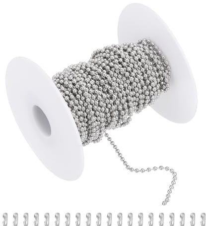 sourcing map 33ft Ball Bead Chain, Stainless Steel Ball Chain Roll with 20pcs Connectors for Hanging Ornament Dog Tags Keychain Christmas Decoration (Silver, 2.4mm OD)