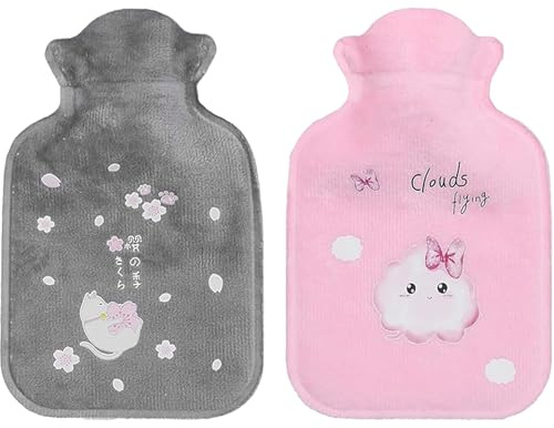 2 PCS Small Hot Water Bottles,Small Hots Water Bottle with Cover,Mini Hot Waters Bottles,Portable,Pain Relief,Release Warm,for Hands,Neck,Shoulder for Home,Office,Study,Travel(Pink,Grey)