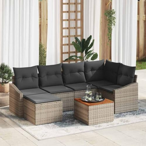 Frdhee Juego de muebles de jardín para terraza, juego de sofá de jardín con cojín 7 piezas de ratán gris poli ratán, grupo de asientos de jardín adecuado para balcón, terraza, fácil de mantener