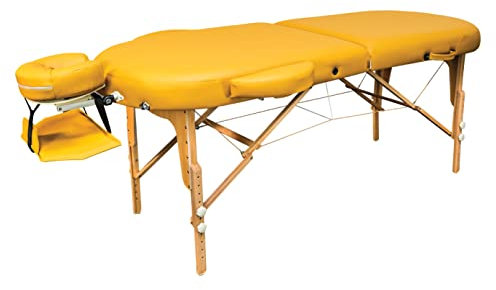 Zen Oval Massageliege klappbar, mobil - stabile Massagetisch, Kosmetikliege, Tattoo Liege aus Holz, Massagebank Behandlungsliege inkl. Tasche, Armlehne, Alu-Kopfstütze für Physiotherapie (Gelb)