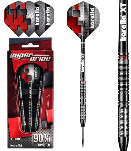 Karella SuperDrive 90% Tungsten Steeldart, 22g, 24g, für Klassische Dartscheibe, 3 Dartpfeile mit Metallspitze, Dartboard, Wolfram, Profidart mit Flight und Shaft