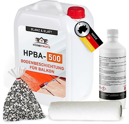 Home Profis® glänzender Balkonboden inkl. Chips & Walze (5m²) | 30 Farben | Beton, Estrich & Fliesen | Flüssigkunststoff Außen | 2K Epoxidharz Bodenbeschichtung | RAL 7037 Staubgrau | HPBA-500