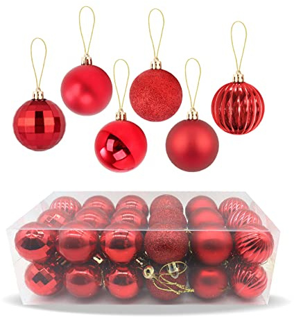 Zueyen 36er-Pack Weihnachtskugeln Dekoration, Christbaumkugeln zum Aufhängen, bruchsichere Kugeln, glänzend und glitzernd mit Aufhängeöse für Weihnachtsbaum, Hochzeit, Party, Urlaub (Rot)