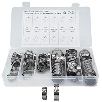 MACHSWON 60 Pcs Hose Clips 1/2 3/4 PEX 304 Stainless Steel Single-Ear Clamps 17.5mm 23.3mm Automotive Tubing Hose Water Pipe Clamp Assortment Kit