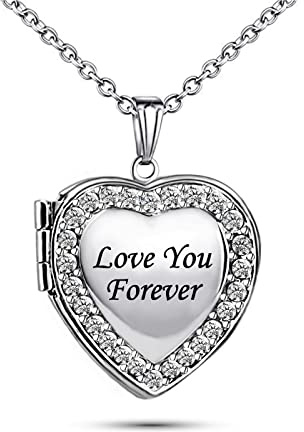 KunBead Jewelry Love You Forever Picture Photo Heart Locket Birthday Pendant Necklace that Holds Pictures for Women Girls