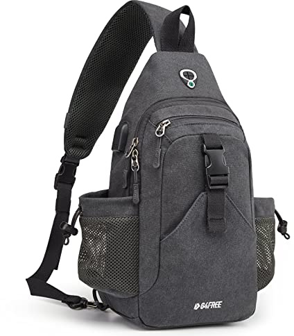 G4Free Canvas axelväska crossbody ryggsäck med USB-laddningsport och RFID-blockering, vandring dagväska bröstväska för kvinnor män, Mörkgrå-1, L, Utomhus