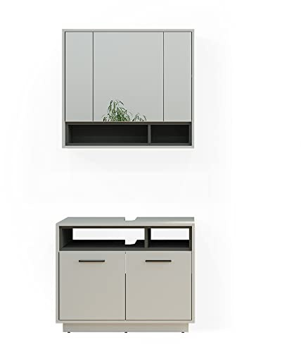 Vicco Badmöbel-Set Beatrice, Grau, 80 cm, besteht aus Badspiegel und Waschbeckenunterschrank