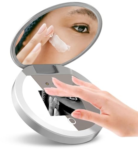 Kompakter UV-Reisespiegel, beleuchteter Make-up-Spiegel zur Gesichts-Sonnenkontrolle, 2-fach Vergrößerung, tragbarer Doppelseitenspiegel, 8,9 cm