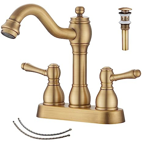 GGStudy Antique Brass Bathroom Faucet 2 Handles 4 Inches Centerset RV Bathroom Vanity Faucet with Drain Assembly and Supply Hose Lavatory Faucet