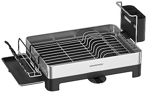 SONGMICS Dish Drying Rack, Stainless Steel Dish Drainer with Extendable Spout, Drainboard, Cup Holder, Fingerprint-Resistant, for Kitchen, 31.5 x 58.8 x 24.1cm, Silver and Black KCS030B01