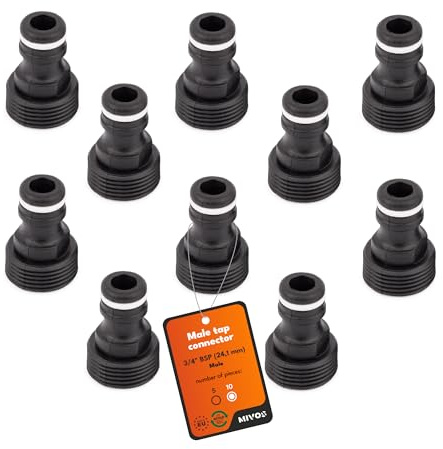 MIVOS 10 conectores para grifos con rosca interior de 3/4 pulgadas BSP (24,1 mm) – Adaptador de grifo de conexión rápida para tubo de jardín – Fabricado con 90% de plástico reciclado