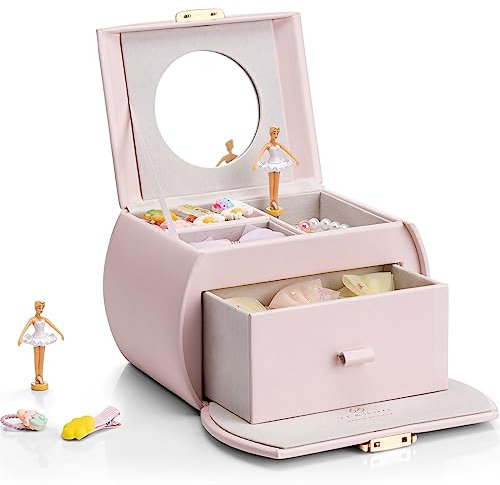 Vlando Musical Kids Jewellery Box with Drawer, Lockable Music Box with Ballerina for Children Bracelet, Ring, Necklace, Gifts for Girls, Apricot Pink