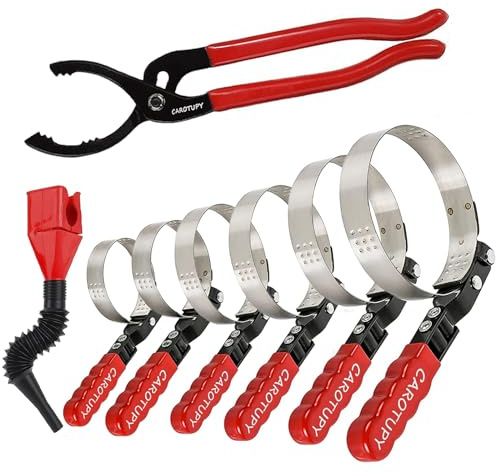 CAROTUPY 8-teiliges Ölfilterschlüssel-Set, 30,5 cm verstellbare Ölfilterzange mit flexiblem Öltrichter, Ölfilter-Entfernungswerkzeug, verstellbar von 3,8 cm - 14,7 cm