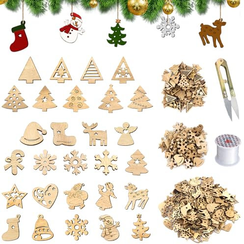 Holzanhänger Weihnachtsanhänger 200STK Holz Weihnachten DIY Weihnachtsdekoration mit Nylonfaden Schere für Weihnachten Weihnachtsbaum Deko DIY