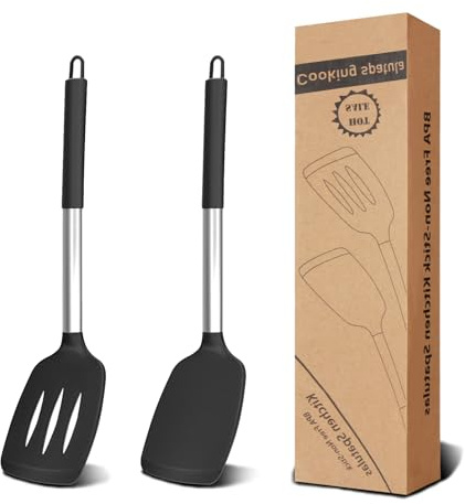 Pfannenwender Silikon, 2 Stück Silikon Küchenhelfer Spatel Set, Hitzebeständiger Silikon Schlitzspatel Küchenhelfer BPA-frei, Antihaftspatel Geschirrspüler Geeignete Küchenhelfer