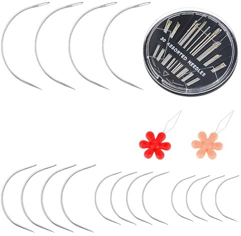 Bewudy 16 Pcs Curved Needles C-Shaped, 30 Pcs Hand Sewing Needles for Sewing Repair with 2 Threaders, Upholstery Weaving Needles Sewing Needles Kit for Leather Repair Carpet