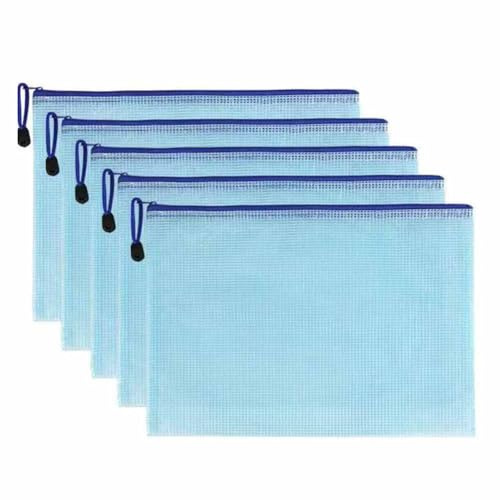 SHTGOI 5 Stück Dokumententaschen mit Reißverschluss PVC Kunststoff Reißverschlusstasche Transparent wasserdichte Mesh Dokumentenmappe Datei Taschen für Papier, Dokumente, Rechnung A4 Blau