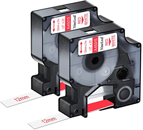 NineLeaf 2 Packung Ersatz für Dymo D1 45015 S0720550 A45015 12mm x 7m 0.47'' Bänder Rot auf Weiß Schriftband für LabelManager 160 210D 220P 120P LabelPoint 100 150 200 250 Beschriftungsgerät