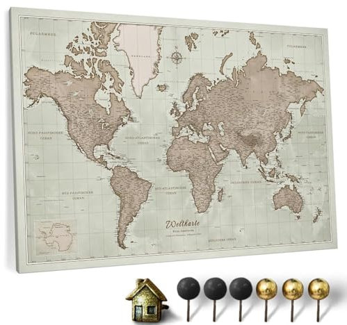Hochwertige Canvas Weltkarte mit Kork-Pinnwand - Deutsche Beschriftung - Dekorative Wanddeko für alle Zimmer - Leinwandbilder mit Weltkarte Motiv (70x50 cm, Muster 19 Deutsch)