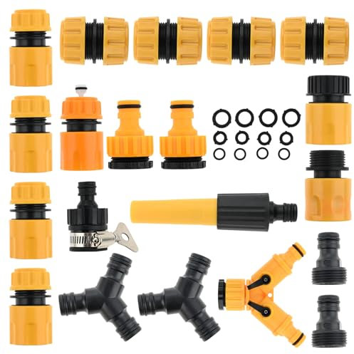 DRELD Hose Connector Kit - 20Pcs Quick Hose Adapter Garden Hose Fitting Set with Hose Connectors, Quick Tap Adapters, Spray Nozzle, Y Hose Splitters, Y Tap and Gaskets for Garden Hose, Faucet (Orange)