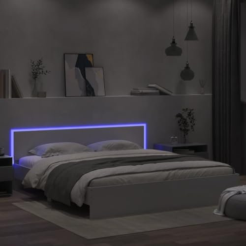 LAPOOH Bettgestell mit Kopfteil und LED-Beleuchtung Weiß 180x200 cm, Bett, Bed Frame, Familienbett, Bettrahmen, Bett Gestell, Bett Rahmengestell, Schlafzimmer Bett - 3207588