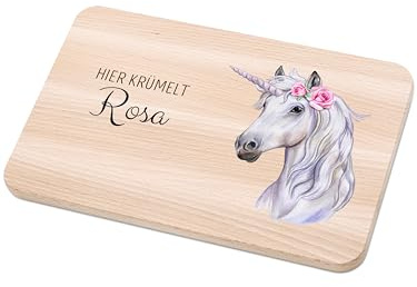 Bärenfreunde - Individuelles Holzbrett mit hochwertigem Spezial-Druck für Kinder - Personalisiertes Frühstücksbrettchen - Niedliche Motiv-Brettchen mit Namen (Einhorn rechts)