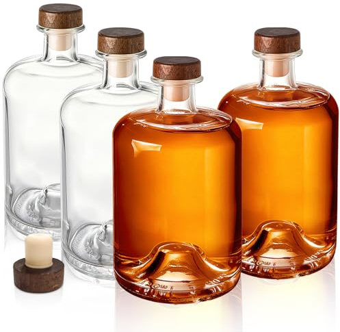 WRINGKIT 4 Pack Glass Liquor Bottles, 750ml (25 Oz) Clear Wine Bottles with T-Top Cork Stopper, Heavy Base Vodka Whiskey Bottle Dispenser for Beverages, Drinks, Oil, Vinegar, Kombucha Beer