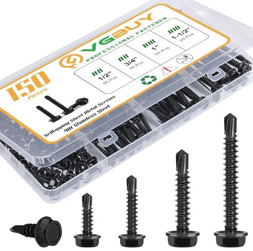 VGBUY 150Pcs Self Drilling Screws Assortment Kit, 410 Stainless Steel Self Tapping Sheet Metal Screws, Black Zinc Plated, #8 1/2 3/4 #10 1 1-1/2, Hex Washer Head
