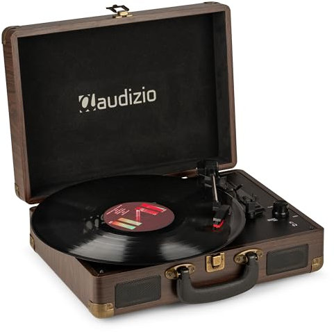 Audizio RP114W Briefcase Vinyl Record Player with Built-in Speakers, Retro Portable Wood Turntable, 3-Speed (33 1/3, 45, 78 RPM), USB Encoding, RCA & AUX Inputs, Headphone Output